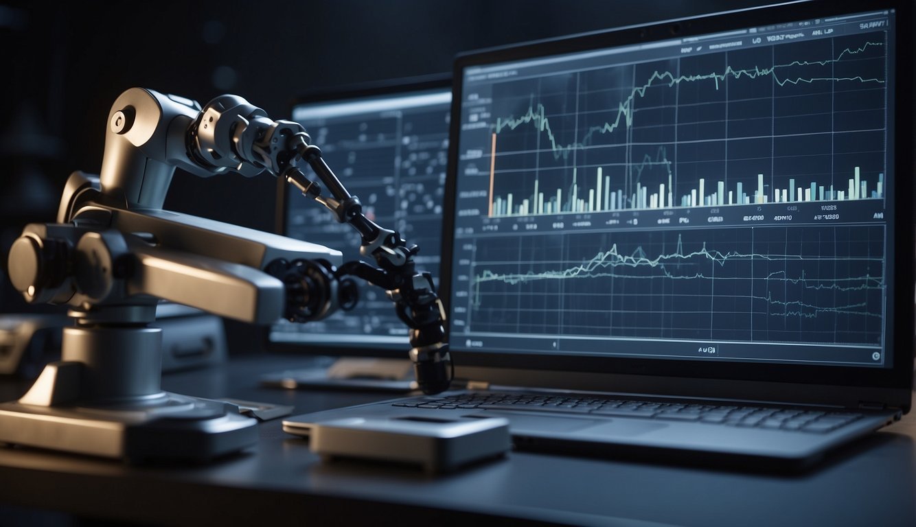 A computer analyzing data with a graph and equations on a screen, while a robot arm manipulates objects in the background