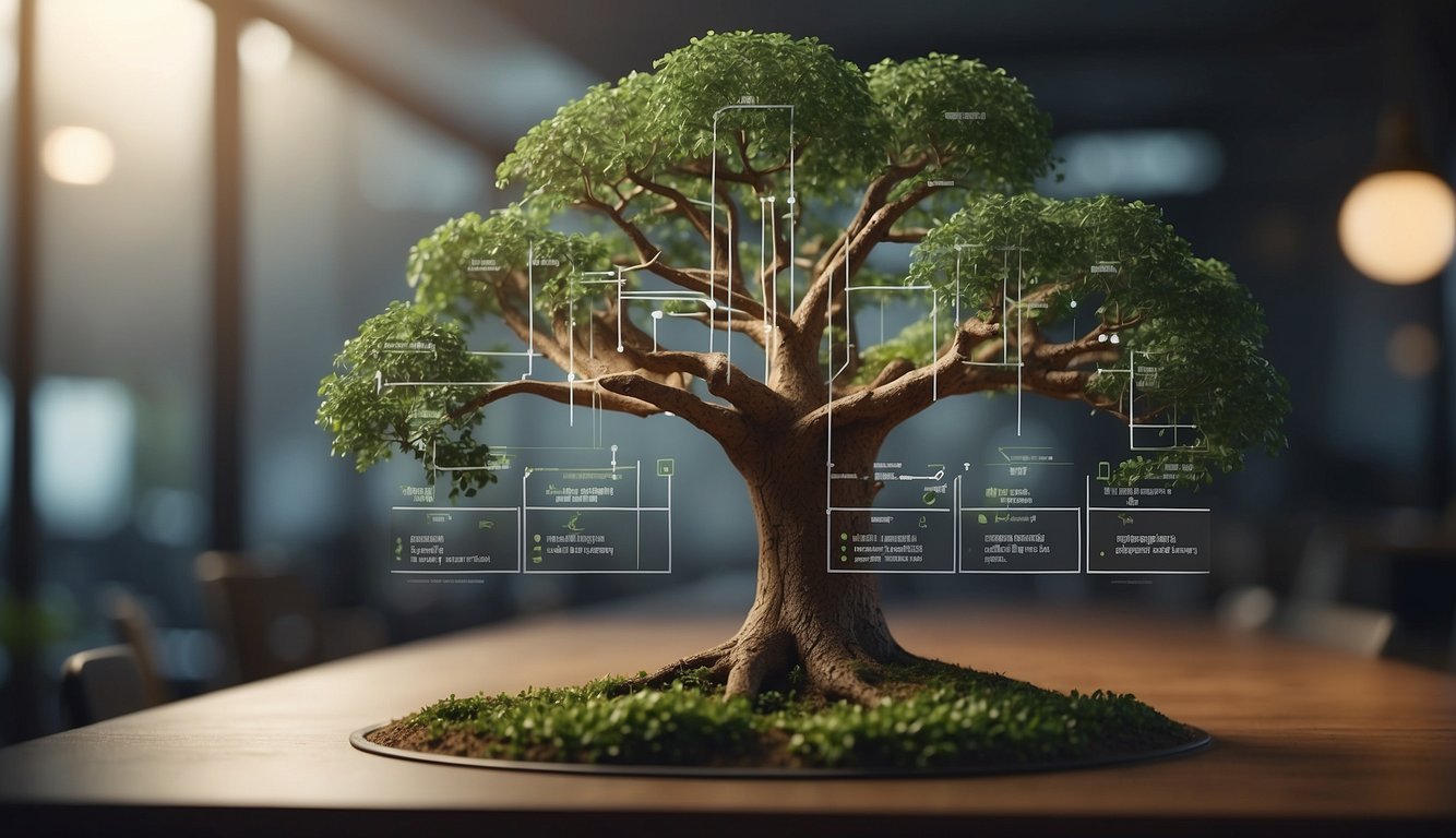 A decision tree being created and applied in machine learning. Show a branching tree with labeled nodes representing different decisions and outcomes