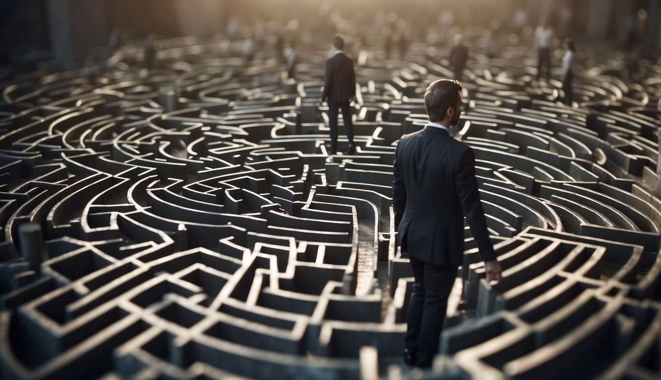 A figure faces a maze of interconnected pathways, each leading to a different challenge. Boundaries are marked with symbols representing various learning methods