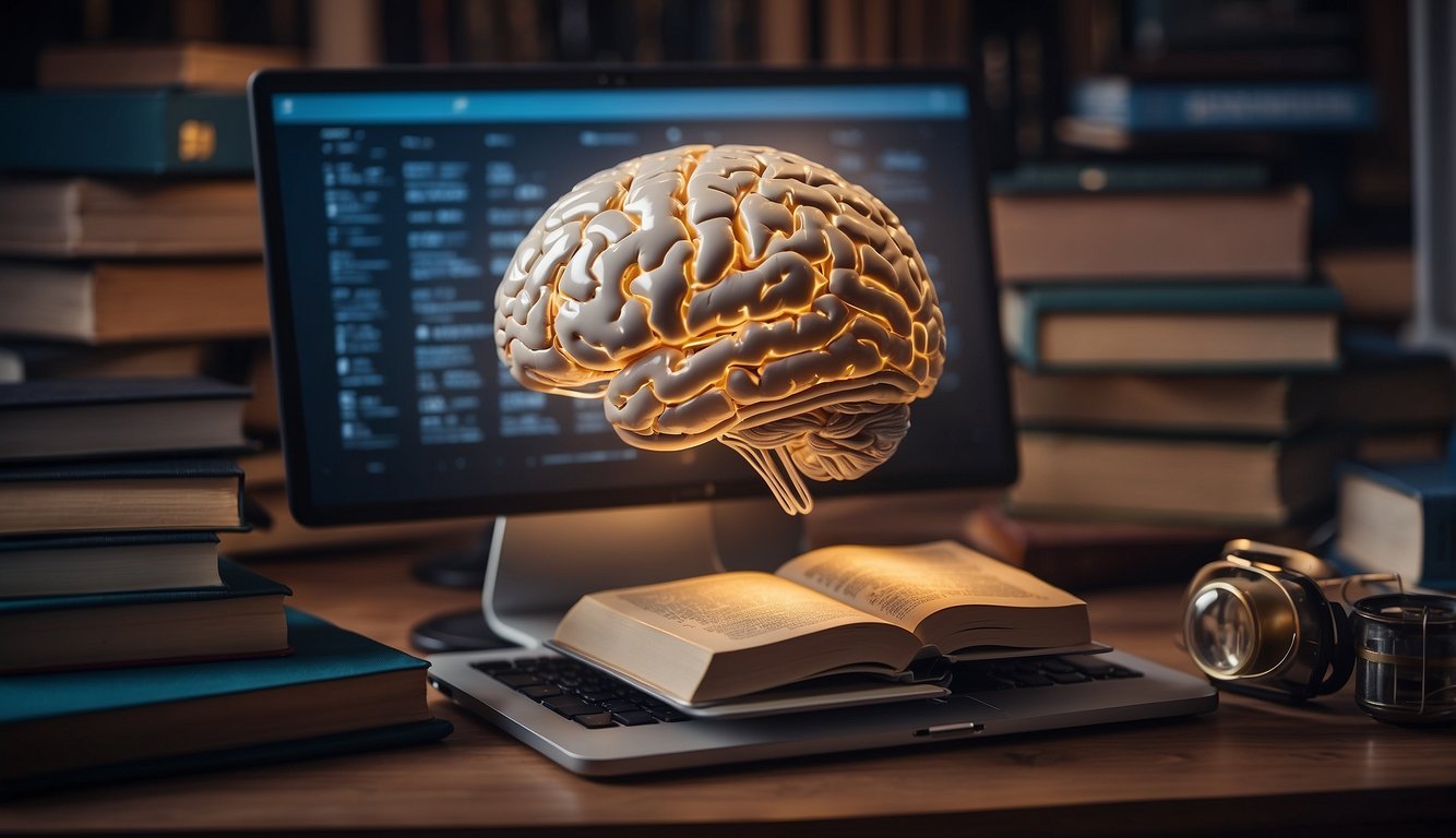 A brain surrounded by books and connected to a computer, absorbing knowledge from various sources