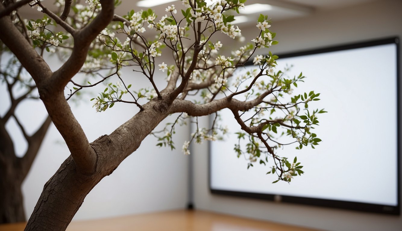 A decision tree with branches and nodes, representing various choices and outcomes, set against a backdrop of a blank canvas or whiteboard