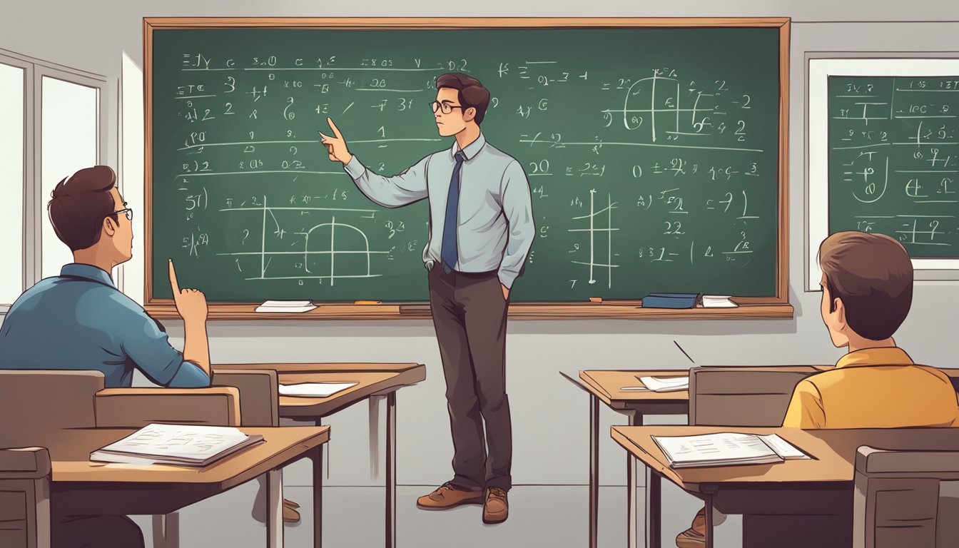 A chalkboard with complex math equations, a confused student scratching their head, and a teacher pointing to the Bayes' theorem on the board