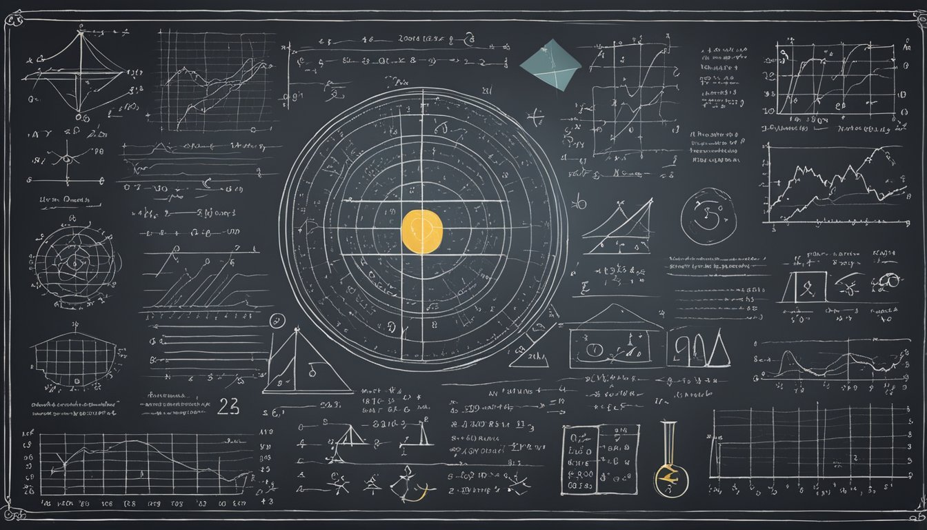 A chalkboard with mathematical equations, including the Bayes' theorem, surrounded by various statistical symbols and graphs