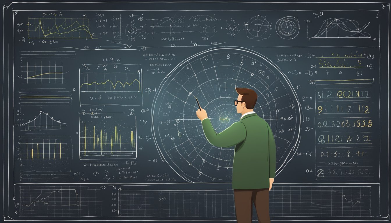 A scientist calculates probabilities using the Bayes' theorem on a chalkboard with equations and diagrams